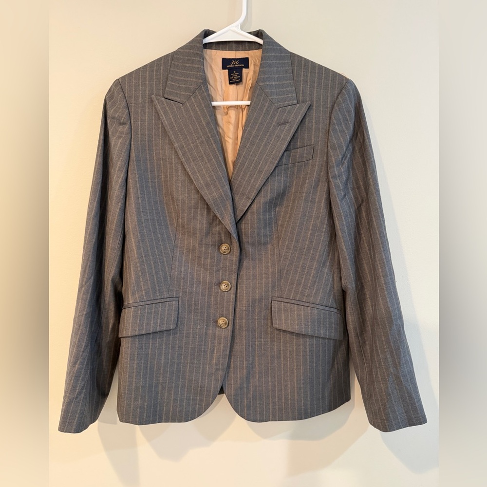 Brooks Brothers Wool‎ Blazer Jacket Women's Size 6 Gray Striped Three Buttons